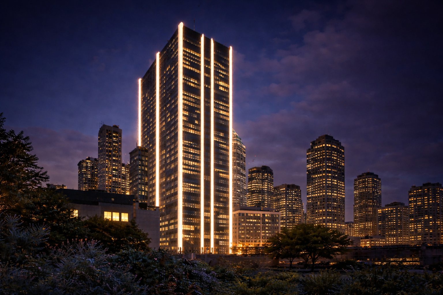 Tòa nhà chọc trời hiện đại ở Manhattan với hệ thống chiếu sáng tuyến tính ngoài trời thẳng đứng làm nổi bật mặt tiền kiến trúc và đường chân trời vào ban đêm