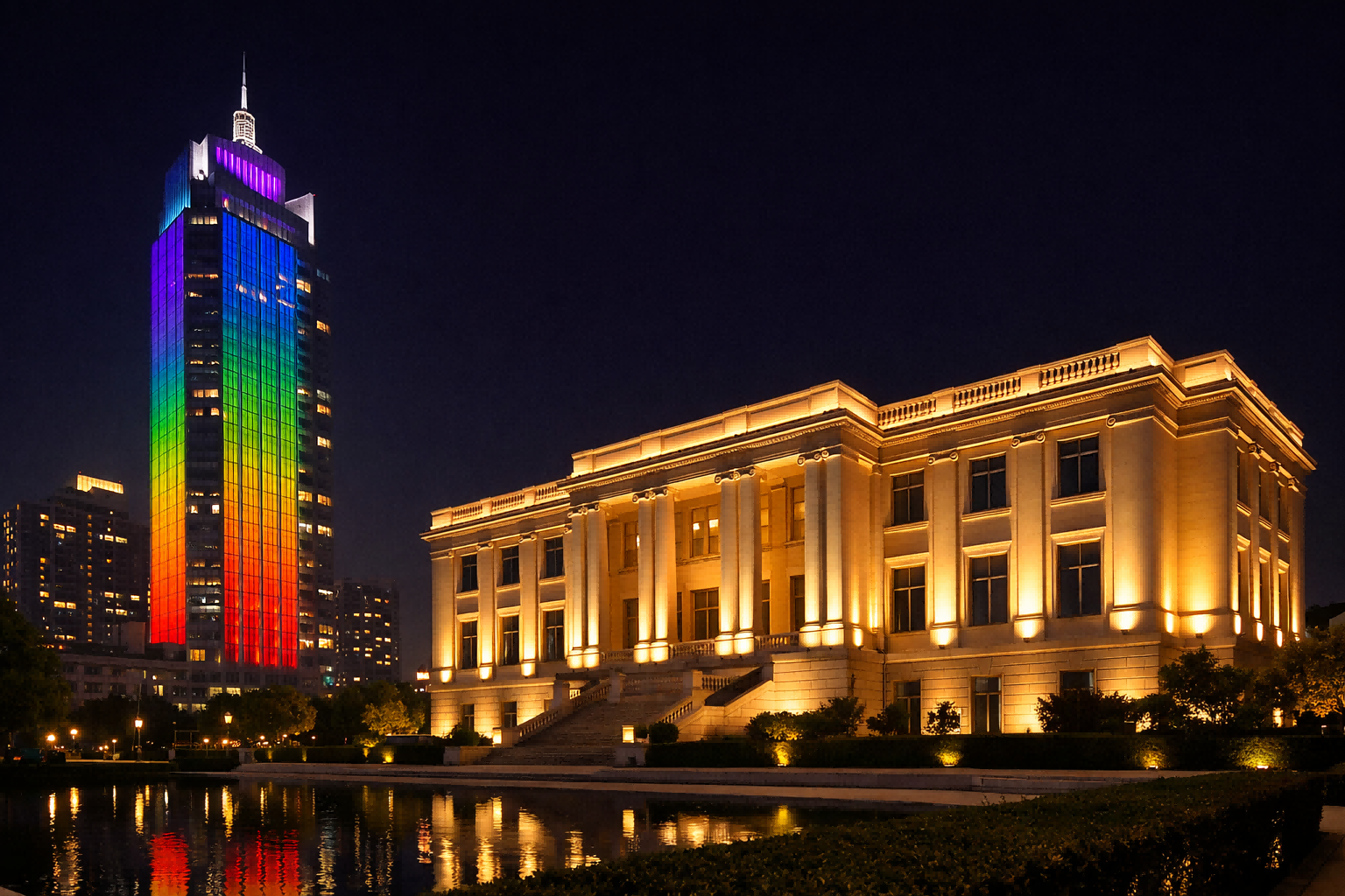 Đèn LED chiếu tường chiếu sáng mặt tiền vào ban đêm cho thấy độ phủ và màu sắc đồng đều