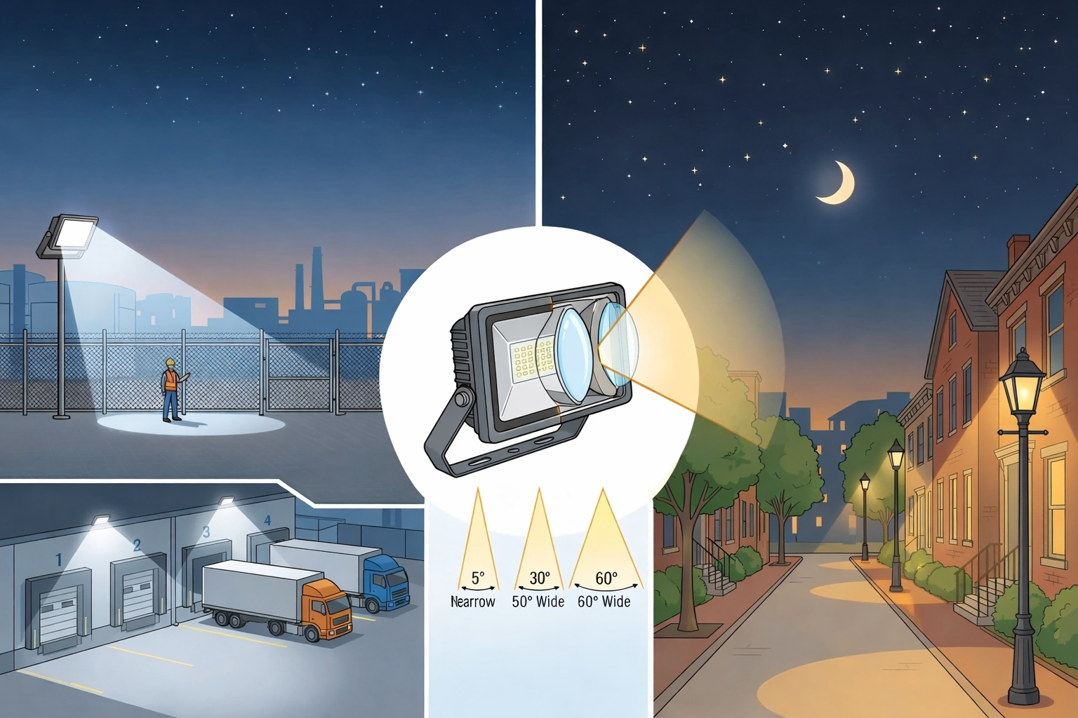 Sơ đồ quang học đèn pha LED hiển thị điều khiển góc chiếu, chiếu sáng an ninh 5700K và chiếu sáng tuân thủ quy định bầu trời tối 3000K