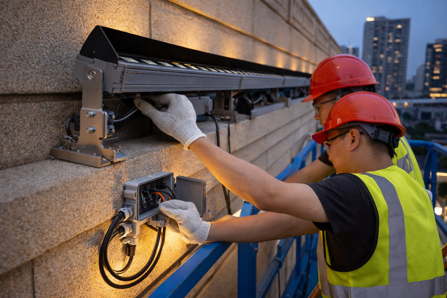 lắp đặt tại chỗ đèn LED chiếu tường cho thấy giá đỡ và đường đi dây cáp