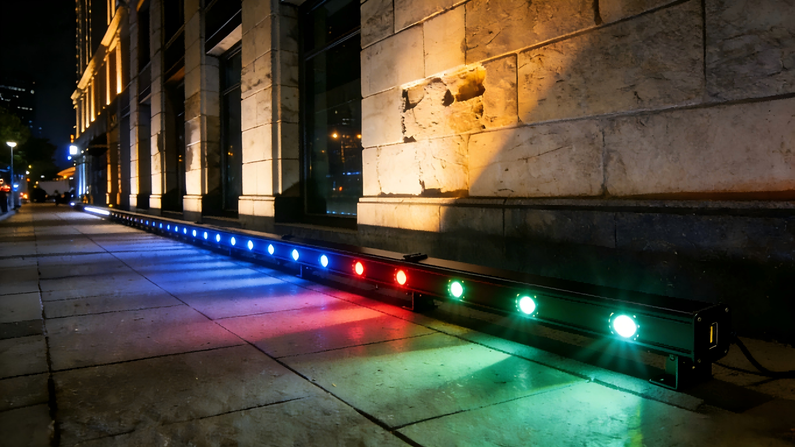 Hệ thống đèn chiếu tường LED RGBW được lắp đặt dọc theo mặt tiền tòa nhà, thể hiện khả năng kiểm soát màu sắc, chiếu sáng tường đồng đều và thiết kế chiếu sáng kiến trúc