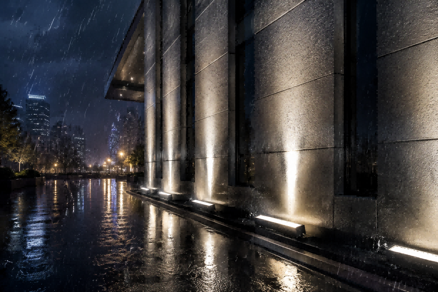 Architectural outdoor LED wall washer lights illuminating a building facade during a heavy rainstorm at night with reflections on wet ground