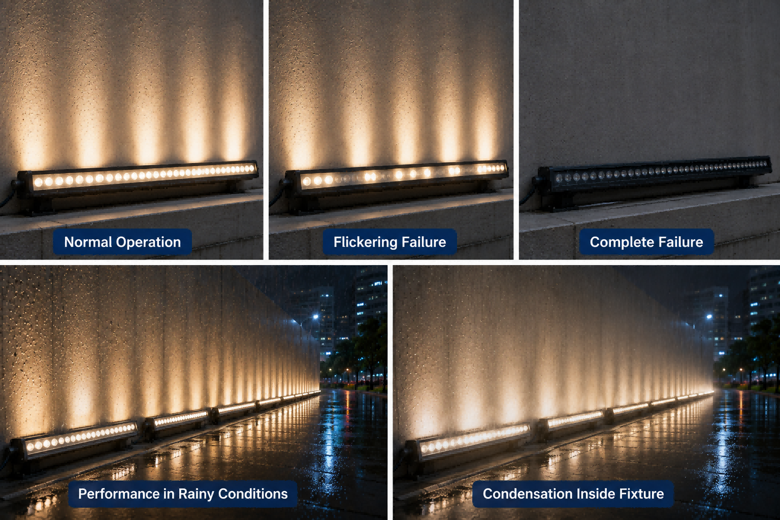 Multi-panel comparison of outdoor LED linear light performance failures including normal operation, flickering, complete failure, and internal condensation fogging