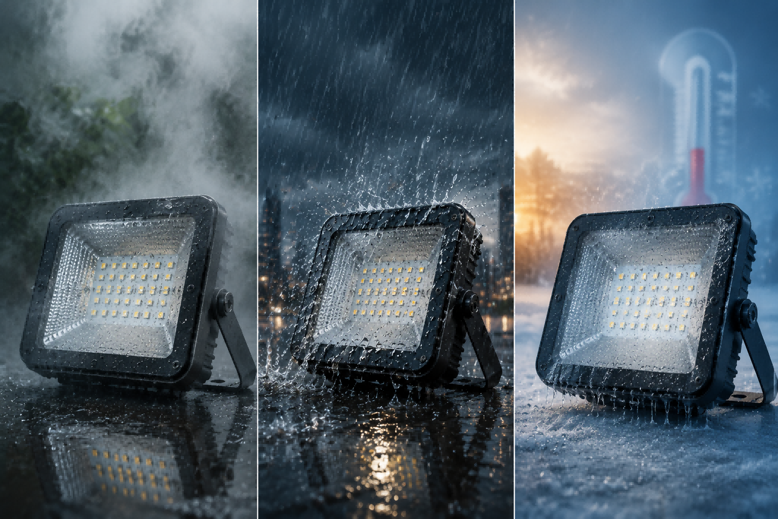 Three-panel graphic demonstrating environmental stress on an outdoor LED floodlight under high humidity, heavy rainfall splashing, and freezing winter snow conditions
