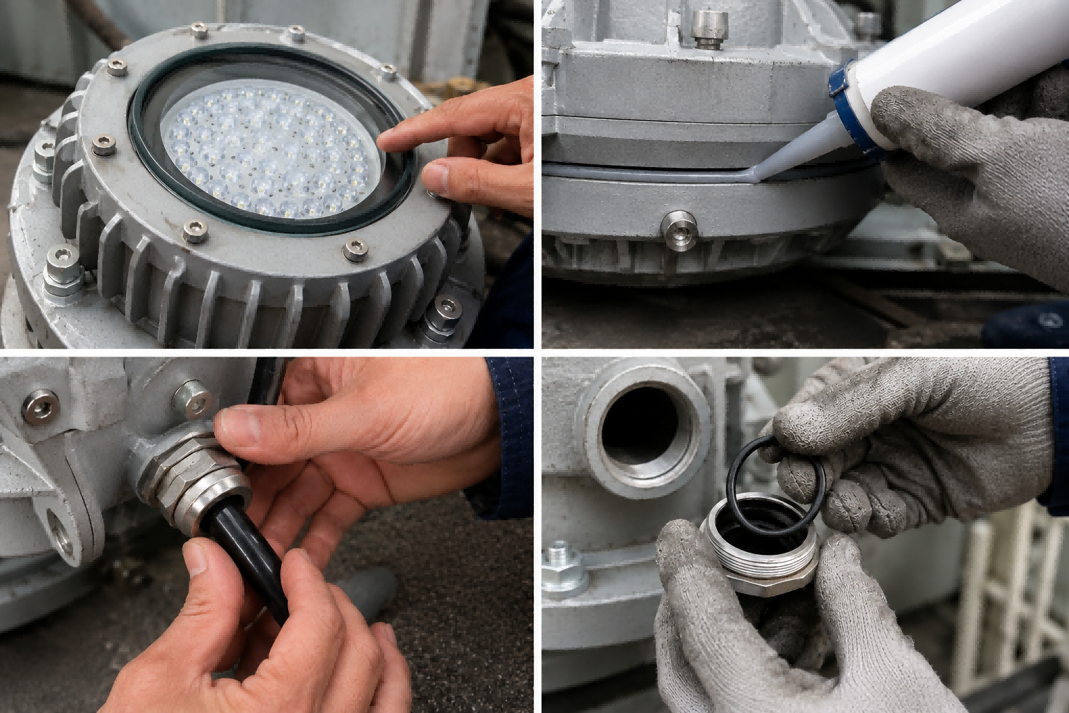 Close-up step-by-step maintenance of a waterproof outdoor LED lighting fixture showing silicone gasket inspection, caulking sealant application, and cable gland tightening
